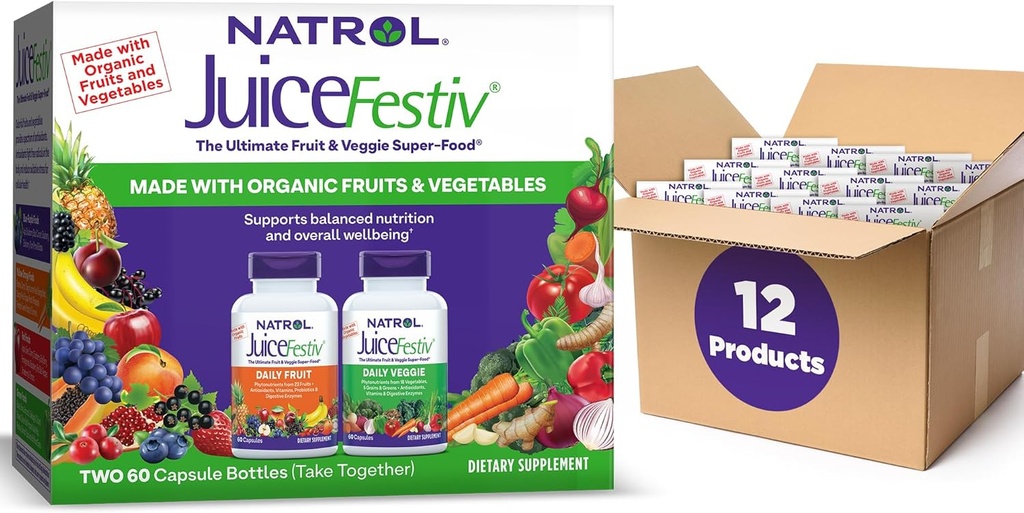 Natrol JuiceFestiv Pack, Günlük Meyve ve Veggie Capsules, Diyetsel Tamam Destekler Dengeli Beslenme, 120 Kont (12 paketi)