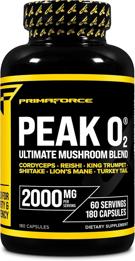 Primaforce Peak O2 Performans Mushroom Support Oksijen Abhidratörü (180 Capsules) (2,000 mg Per Servis, 60 Hizmet) - Athletic Performance Supplement, Ultimate Mushroom Mix