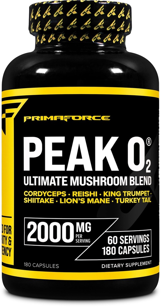 Primaforce Peak O2 Performans Mushroom Support Oksijen Abhidratörü (180 Capsules) (2,000 mg Per Servis, 60 Hizmet) - Athletic Performance Supplement, Ultimate Mushroom Mix
