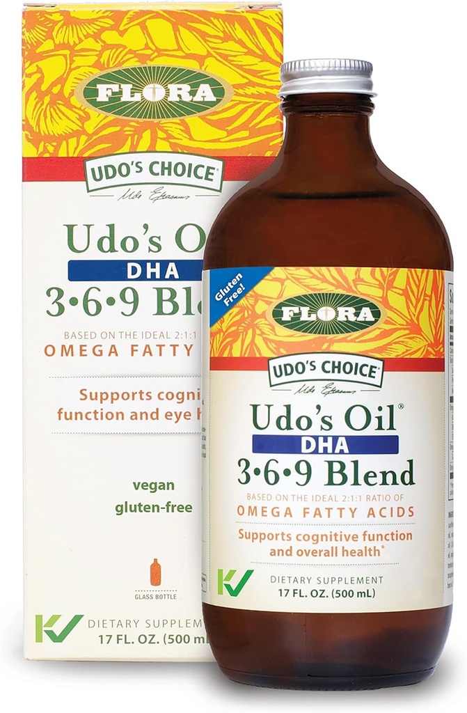 Flora - Udo'nun Petrol DHA 3-6-9 - Vejetaryen Eye & Brain Health Supplement - Omega-3 & Omega-6 - Contains Sunflower & Flax Seed Oil - Kosher & Organic - Keep Chilled - 17 fl. oz.