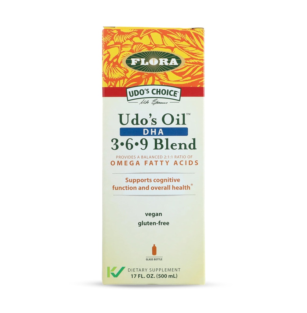 Flora - Udo'nun Petrol DHA 3-6-9 - Vejetaryen Eye & Brain Health Supplement - Omega-3 & Omega-6 - Contains Sunflower & Flax Seed Oil - Kosher & Organic - Keep Chilled - 17 fl. oz.