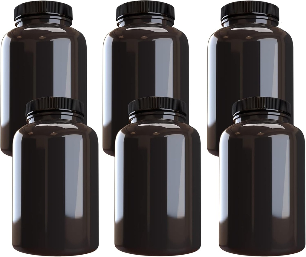 Company Pill Şişe (6 Pack) Black Lid ile Dark Amber Konteyner, 500cc Kapasite