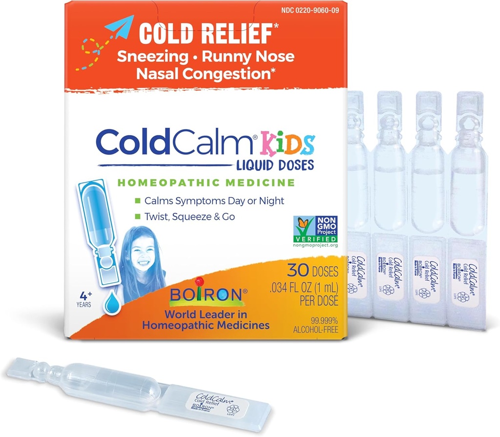Boiron ColdCalm Kids Single-Use Drops for Relief from Cold Sneezing, Runny Nose, and Nasal Congestion - Sterile and Non-Drowsy Liquid Dos - 30 Count