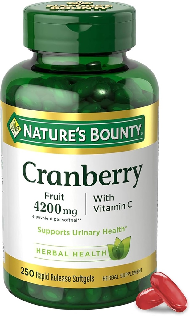 Nature's Bounty Cranberry Pills for Women Urinary Tract Health, Cranberry Supplements with Temp & Vitamin C, 250 Softgels (Pazar 1)