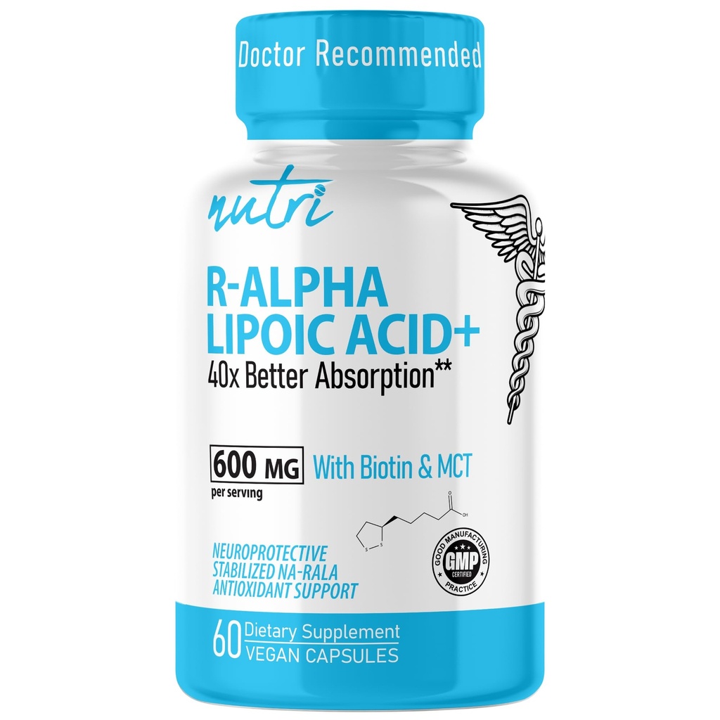 Nutri R Alpha Lipoic Acid 600 mg Capsules - R Lipoic Acid Biotin ile Stabilized - Active Form of R-ALA - 600 mg Klinik Dosage - Güçlü Hücreler Enerji Desteği - 60 Vegan Capsules - RALA