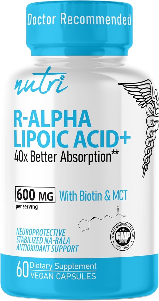 Nutri R Alpha Lipoic Acid 600mg Capsules - R Lipoic Acid Stabilized with Biotin - Active Form of R-ALA - 600 mg Clinical Dosage - Powerful Cellular Energy Support - 60 Vegan Capsules - RALA