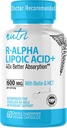 Nutri R Alpha Lipoic Acid 600 mg Capsules - R Lipoic Acid Biotin ile Stabilized - Active Form of R-ALA - 600 mg Klinik Dosage - Güçlü Hücreler Enerji Desteği - 60 Vegan Capsules - RALA