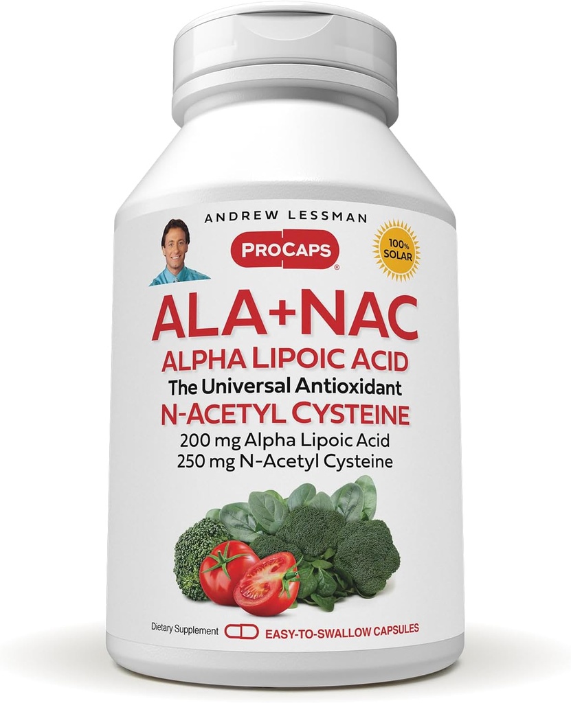 ANDREW LESSMAN ALA + NAC Alpha Lipoic Acid ile N-Acetyl-Cysteine 60 Capsules - Ultra-High Potency, Anti-Oxidant Support for Nervous System, Heart, Brain, Liver, Kidneys, Lungs, Energy. Katkı yok