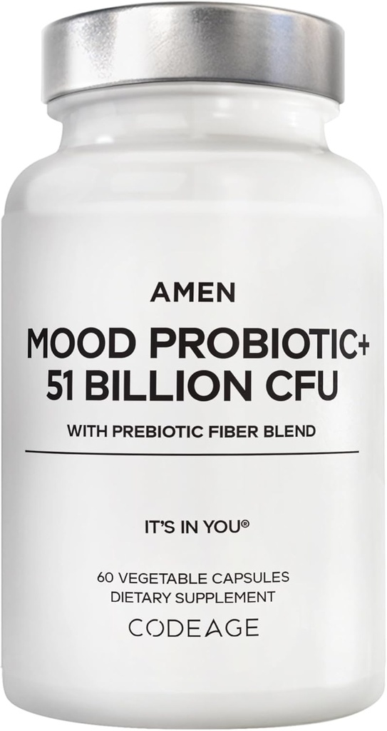 Amen Mood Probiotic Supplement 51 Billion CFU - Organic Prebiotics and Probiotics - Acidophilus Probiotic Pills, Fibers - Mood Organic Ashwagandha, Blueberries - Vegan & Non-GMO - 60 Capsules