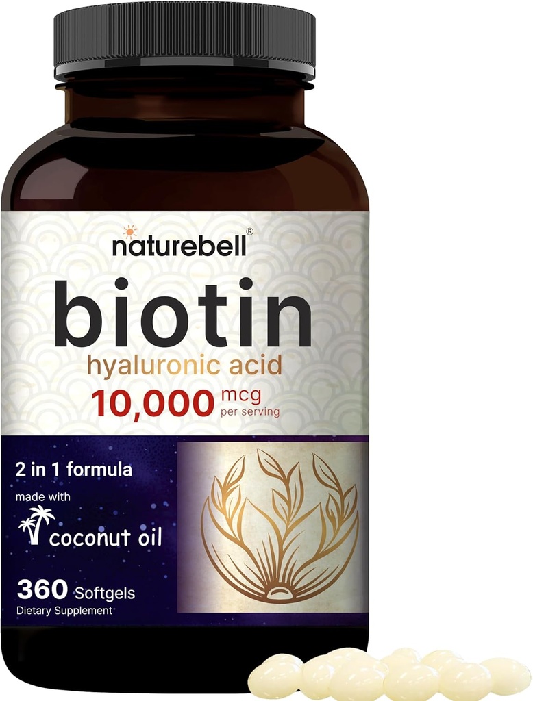 Biotin 10000mcg + Hyaluronic Acid 25mg | 360 Coconut Oil Softgels, Premium Biotin Vitaminleri Saç Cilt ve Çığlık için Yüksek Lisanslı ve Bio kullanılabilir, Hızlı Yayınlanmış