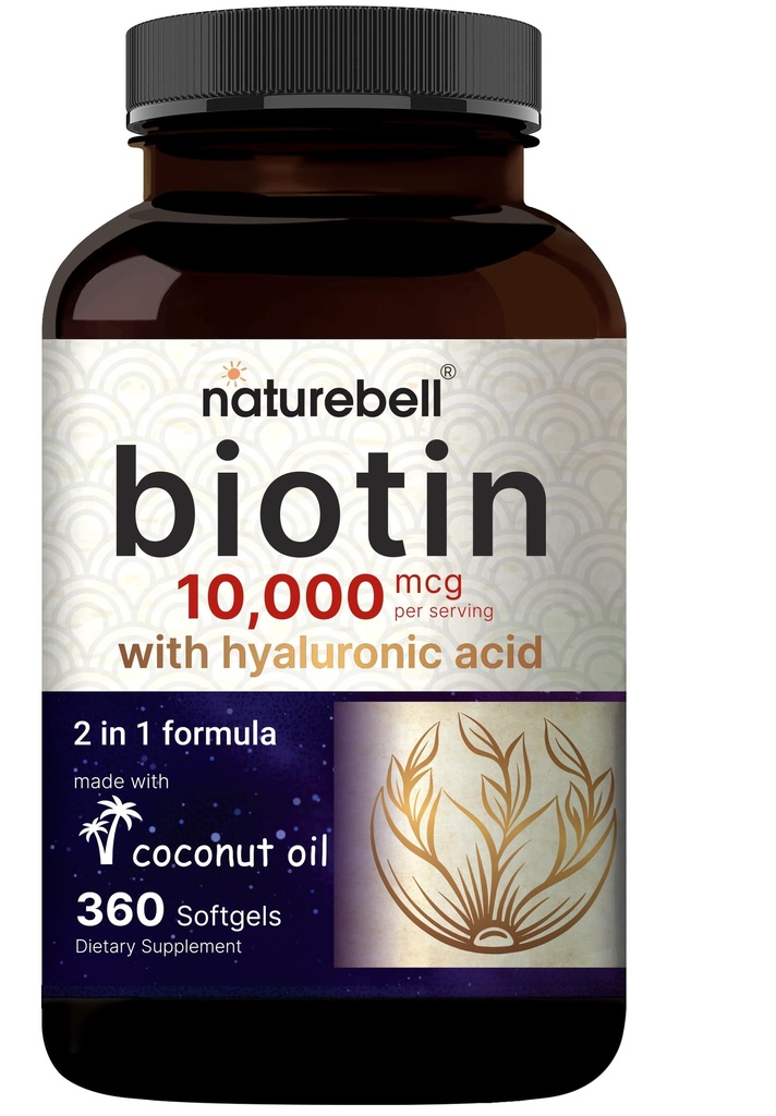 NatureBell Biotin 1000063 + Hyaluronic Acid 25mg | 360 Coconut Oil Softgels, Premium Biotin Supplement for Hair Skin and Nails*