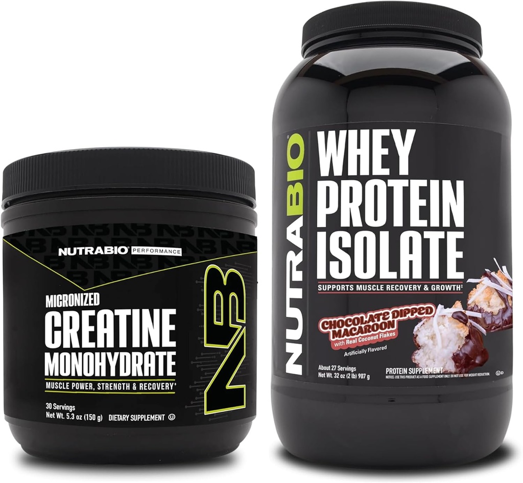 NutraBio Kretine Monohidrat, Unflavored, 150g ve Whey Protein Isolate, Chocolate Dipped Macaroon, Supplement Sche - Muscle Energy, Lean Muscle growth, Recovery, and Strength