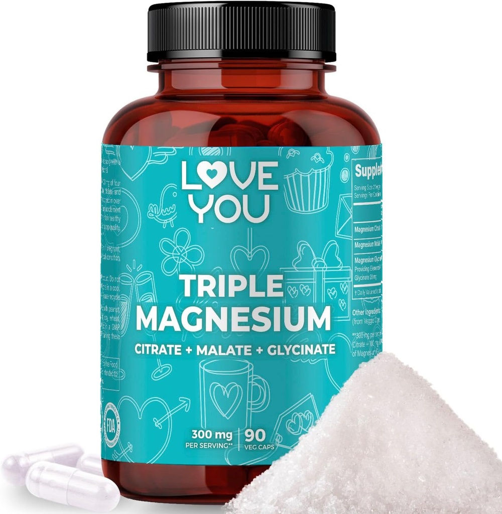 Love You Triple Magnesium Complex – 300mg per Serving, Premium Magnesium Glycinate, Citrate & Malate – High Absorption for Muscle, Nerve & Sleep Support, 90 Veggie Capsules – Made in USA