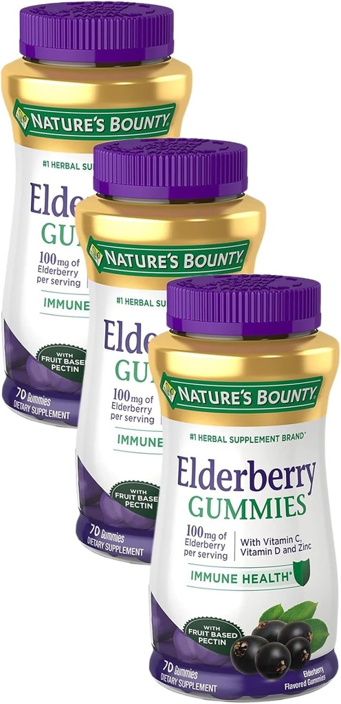 Nature's Bounty Elder Gummies, Dietary Supplement, Supports Immune Health, Contains Vitamin A, C, D, E ve çinko, 100 mg, 70 Gummies (Pack of 3)