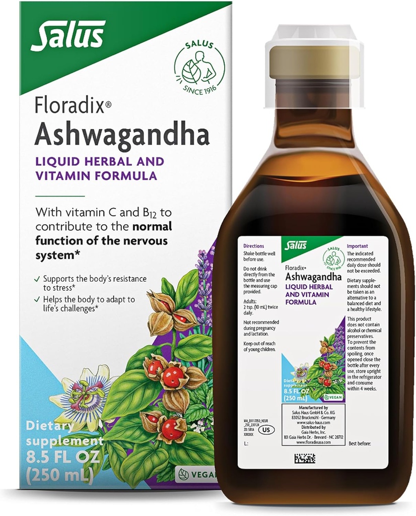 Floradix Ashwagandha Liquid Herbal & Vitamin Formula - συμπλήρωμα βοτάνων με εκχύλισμα Ashwagandha, βιταμίνη C, B12 & More - για υποστήριξη στρες - Gentle to Digest - Vegan & Non-GMO - 8.5 fl oz