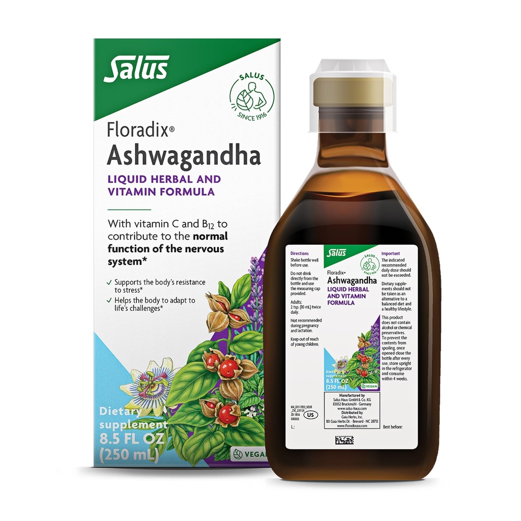 Floradix Ashwagandha Sıvı Herbal & Vitamin Formula - Ashwagandha Extract, C, B12 & More - Stres Desteği - Digest - Vegan & Non-GMO - 8.5 fl oz