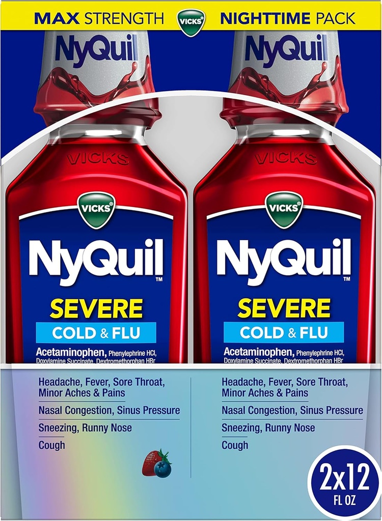 Vicks NyQuil SEVERE Cold, Flu ve Congestion Medicine, 2x12 fl oz Twin Pack, Berry Flavor, maksimum Güçlü, Gece Yardımı