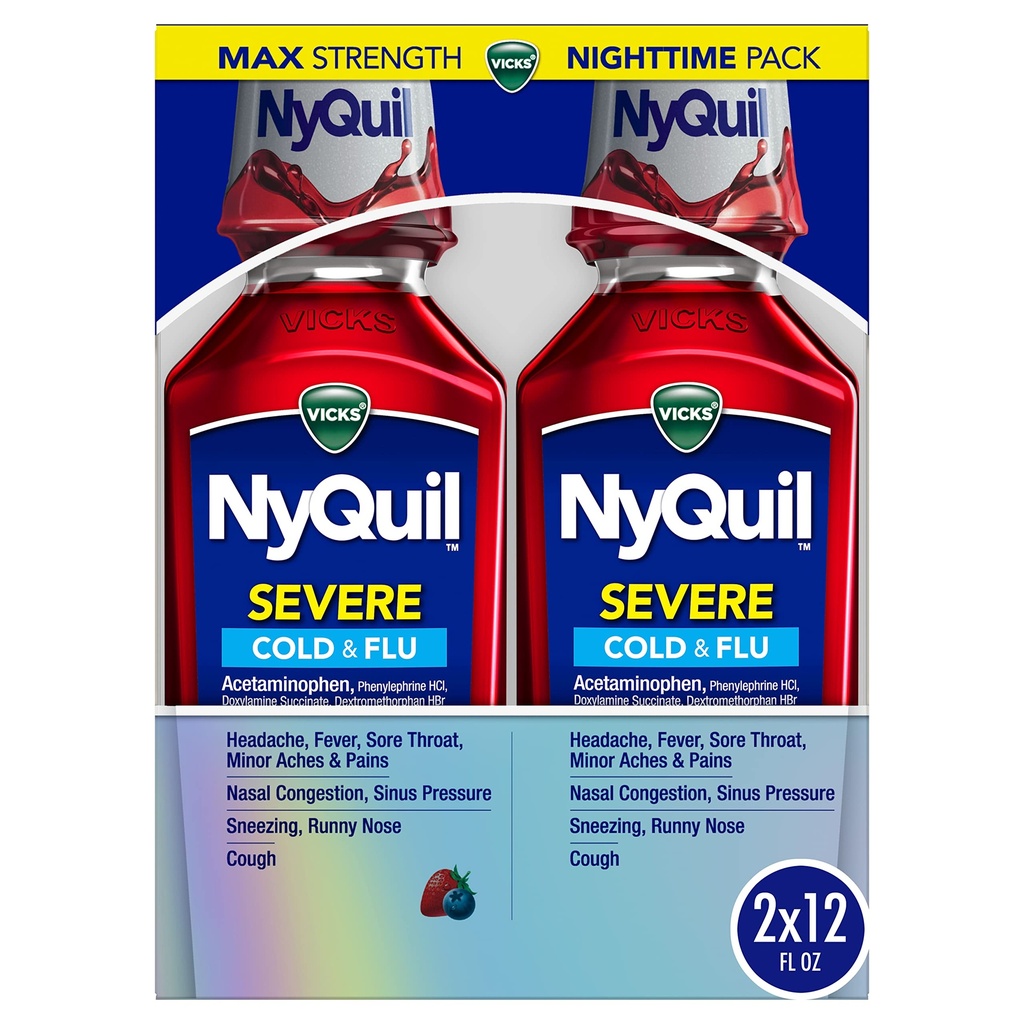 Vicks NyQuil SEVERE Cold, Flu ve Congestion Medicine, 2x12 fl oz Twin Pack, Berry Flavor, maksimum Güçlü, Gece Yardımı