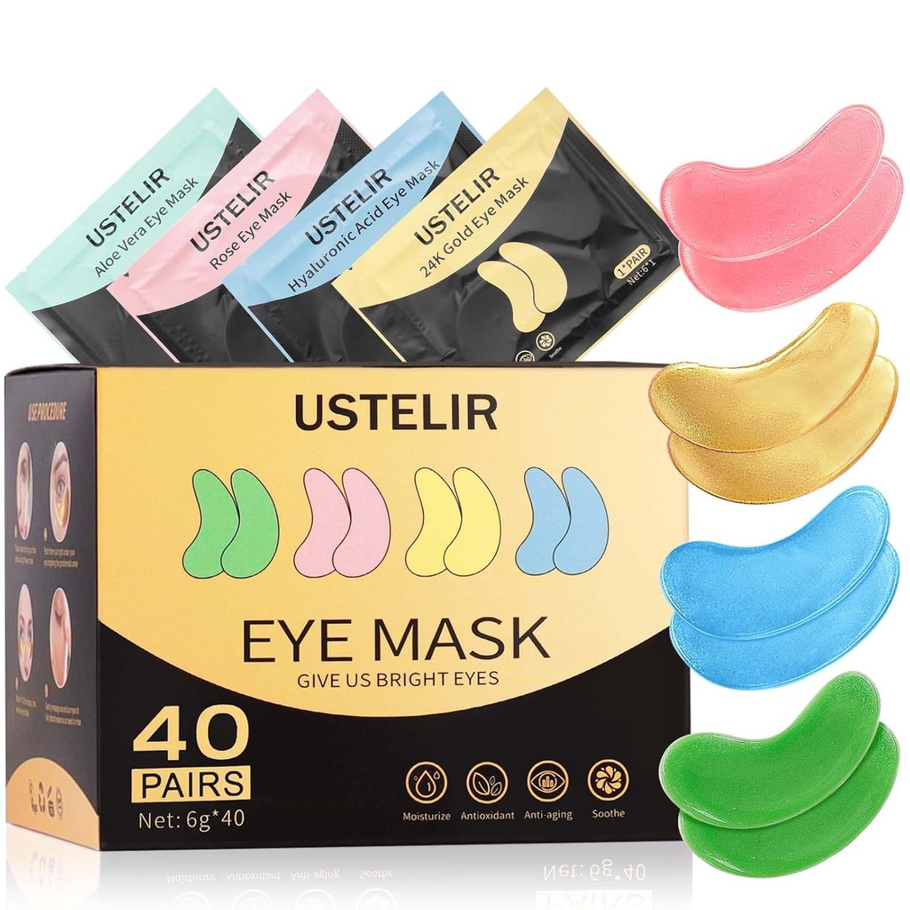 Eye Patches, 40 Pairs Eye Mask for Dark Circles, Puffy Eyes, Undereye Bag,Wrinkles,Eye Maske Patches with 24K Gold, Hyaluronic Acid,Rose & Aloe Vera, Eye Treatment Skin Care for Men & Women Hediye