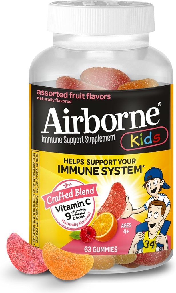 Airborne Vitamin C 500mg (per Serving) - Assorted Fruit Flavored Kids Gummies (63 Count in a Bottle), Gluten-Free Immune Support Supplement with Vitamins C E, Selenium