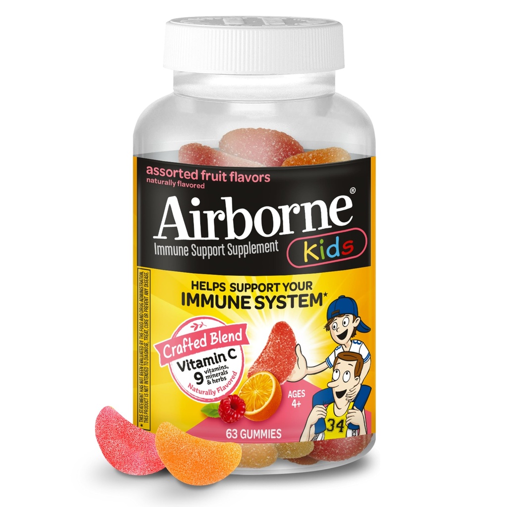 Hava yoluyla C 500 mg (per Servis) - Assorted Fruit Flavored Kids Gummies (63 Kont in a Şişe), Gluten-Free Immune Support Supplement with Vitamins C E, Selenium