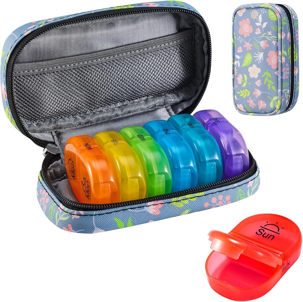 Serfeymi Weekly Travel Pill Organizer 2 φορές A Day AM PM Αναβάθμιση κουτί χάπια Rainbow 7 Ημέρα με Φορητή θήκη δερμάτινων χαπιών Zipper PU, Medicine Organizer για χάπια, βιταμίνες, ιχθυέλαια - Floral 02