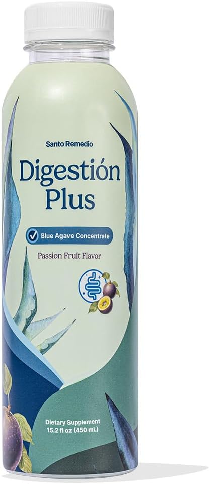 Santo Remedio Digestion Plus, Concentrated Blue Agave Drink, 30 Servings, Passionfruit Flavor, Vegan, Gluten-Free, Non-GMO, No Added Sugar