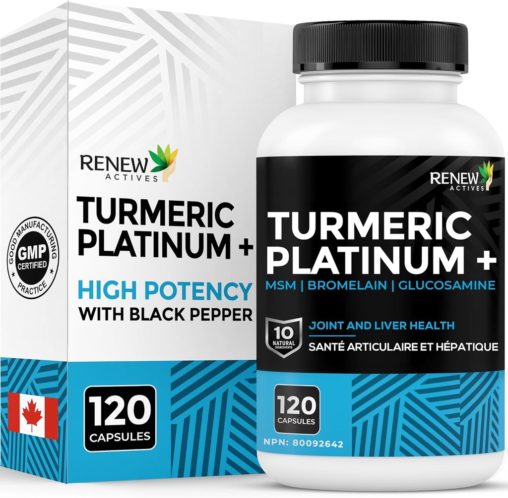 Renew Actives Turmeric Platinum 1350MG ανά 3 κάψουλες με Μαύρο Πιπέρι & Τζίντζερ – Αντιοξειδωτική, Συκώτι & Πεπτικό Support Μειώνει Φλεγμονή & Ενισχύει Ανοσία – Κατασκευάζεται στον Καναδά – 120 Κάψουλες