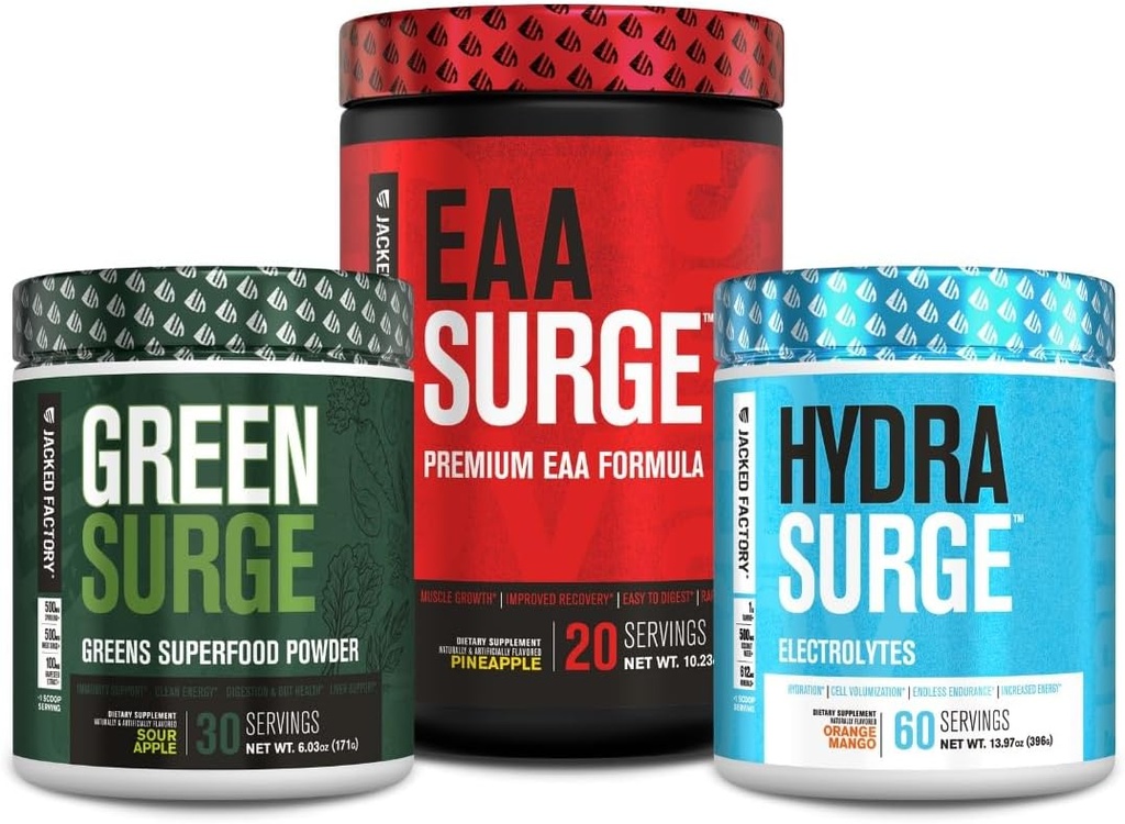Jacked Factory Green Cerrah Green Superfood Toz, Hydrasurge Electrolyte Hydration Supplement, EAA Cerrah EAA Supplement