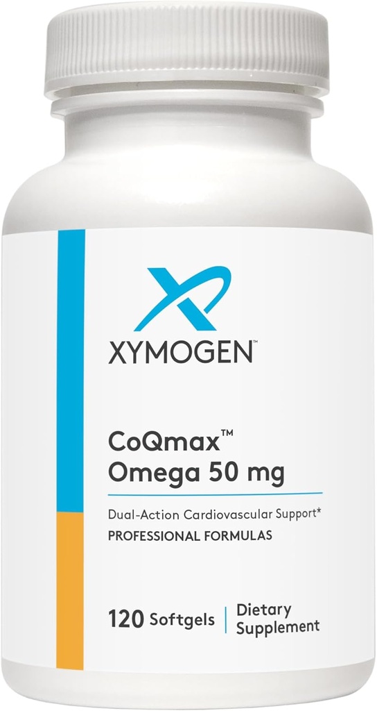 XYMOGEN CoQmax Omega 50 mg - CoQ10 + Fish Oil Omega 3 Supplement - Dual-Action Heart Health Support - Coenzyme q10 + Specialized Fish Oil for 3X Greater Ab component of EPA DHA (120 Softgels)