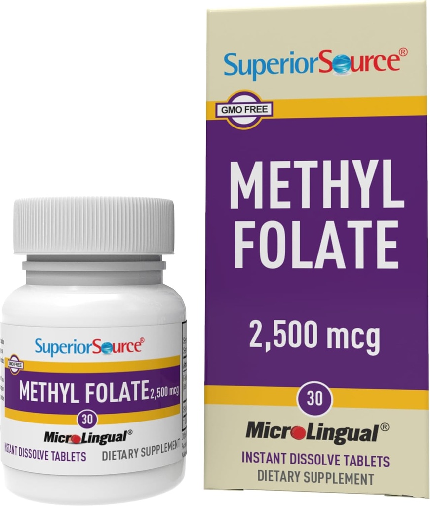 Superior Source Metil Folate 2500 mcg - Kadınlar ve Erkekler için Foate Supplement Destekleri Sağlıklı Nervous System & Red Blood Hücreleri - 30 Sublingual Discrypt Tabletleri - 30 Altlama