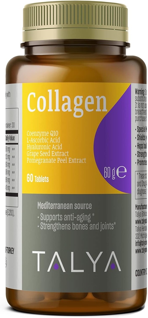 TALYA Collagen Pills with Hyaluronic Acid + Vitamin C | Hydrolyzed Collagen for Women & Men | Saç, Skin and Nails | Non-GMO | 60 Capsules