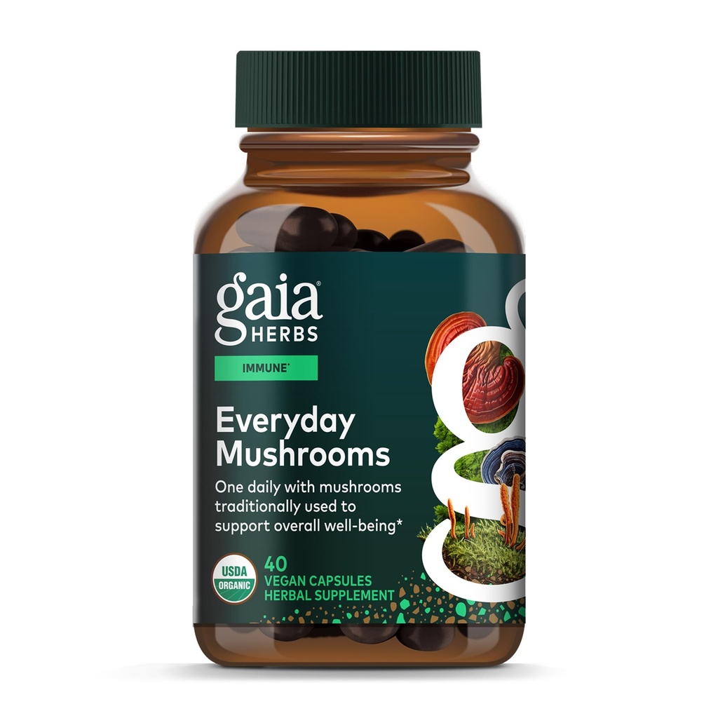 Gaia Herbs Immune Mushroom Mix - Immune Support Mushroom Supplement for Year-Round Health* - Reishi, Cordyceps, Türkiye Tail, Shiitake ve Chaga Mushrooms - 40 Vegan Capsules (40-Day Supply)