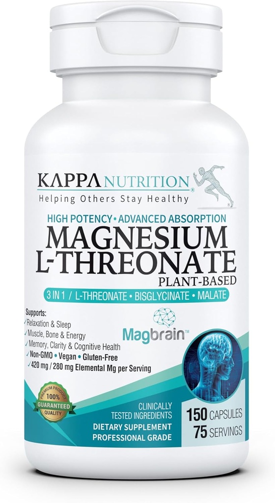 Kappa Nutrition Powered by MagbrainTM L-Threonate Plant-Based, 420 mg Elemental Magnezyum (3 Capsules) from 2,253 mg, 150 Vegan Capsules, Brain, Sleep & Muscle Support.