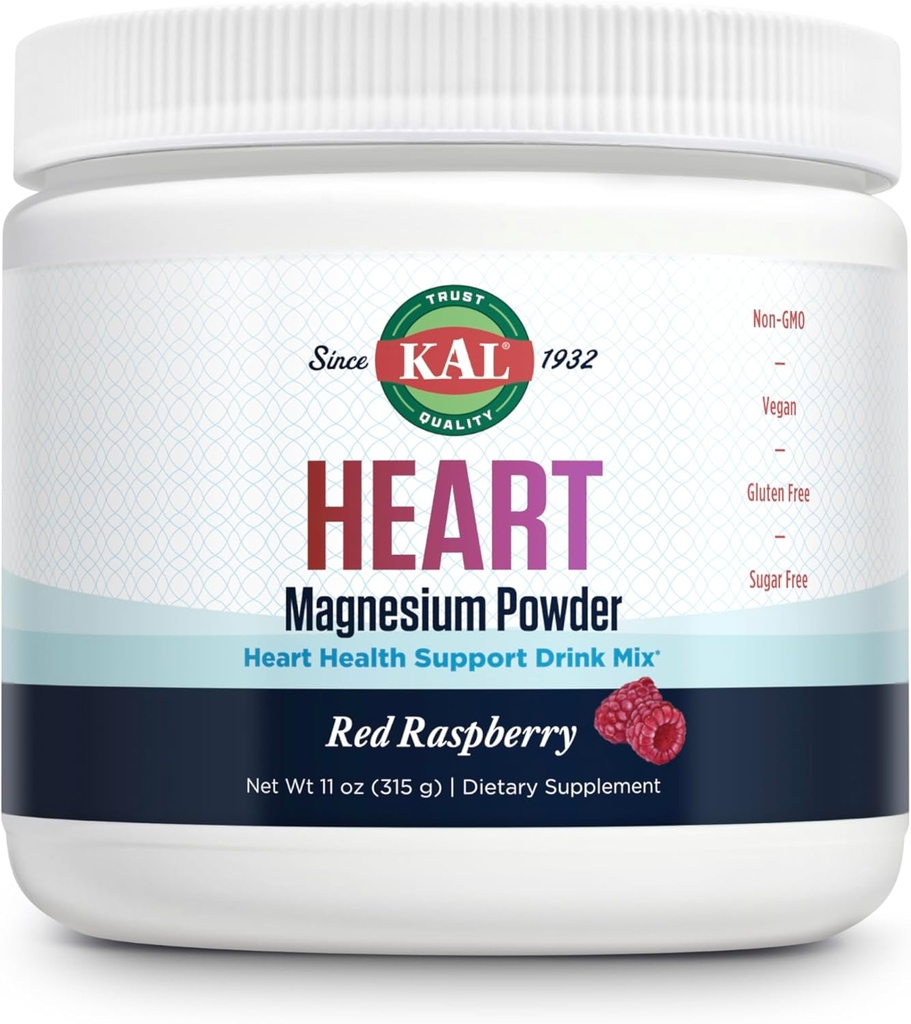 KAL Heart Toz, Red Raspberry Flavor, Heart Health Support, Magnezyum Supplement, Sugar Free, 70 hizmet, 11 OZ