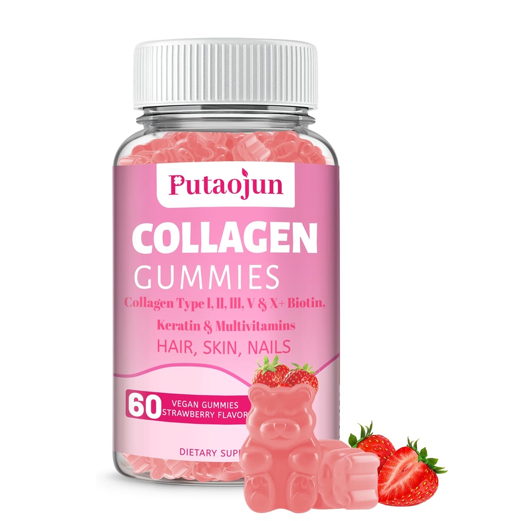 Collagen Gummies | Saç, Skin & Nails Gummies with Biotin Vitamin C, E, & çinko | Strawberry | Collagen for Women | Strawberry Flavored | 60 Count