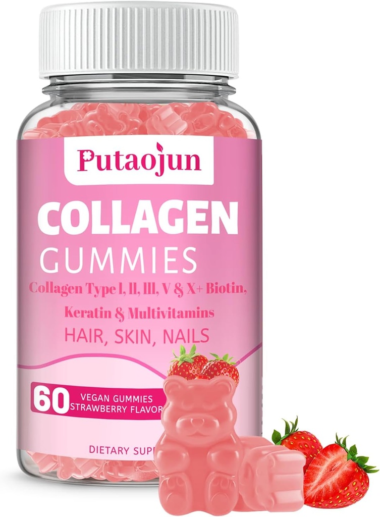 Collagen Gummies | Saç, Skin & Nails Gummies with Biotin Vitamin C, E, & çinko | Strawberry | Collagen for Women | Strawberry Flavored | 60 Count