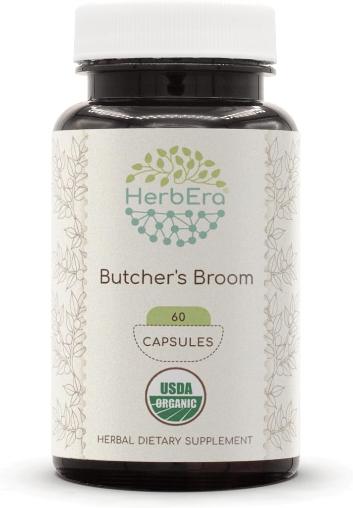HerbEra Butcher's Broom USDA Organic 60 Capsules | Natural Herbal Supplement | Sertifikalı Organik Vejetaryen Capsules and Organic Butcher's Broom (Ruscus aculeatus) kuru Kök (60 Capsules)