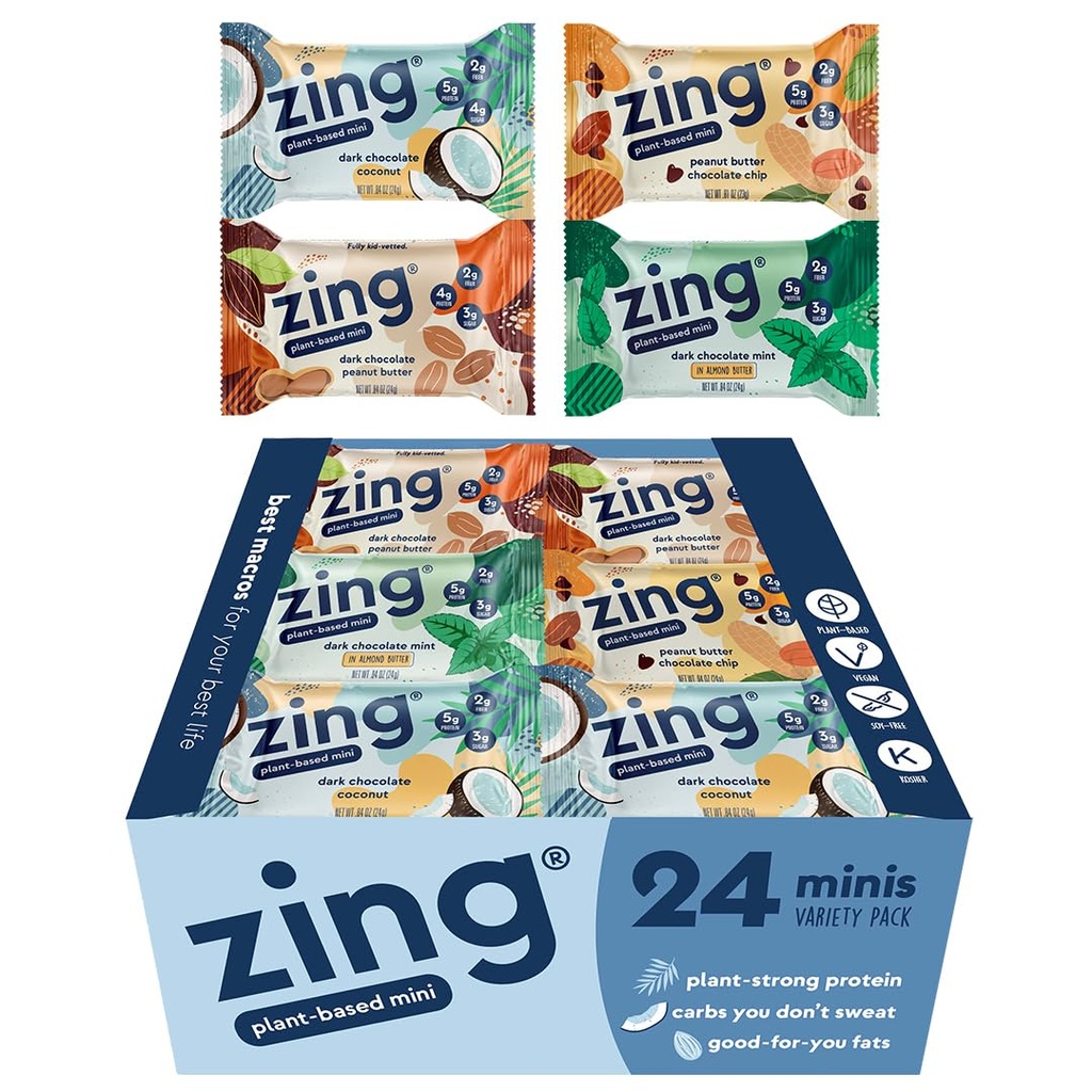 Zing Kids Protein Bars Variety Pack, Χωρίς γλουτένη 100 θερμίδες Mini Bars με υψηλή πρωτεΐνη, Vegan Nutrition Bars, Dairy Free Plant Based Protein - 24 count