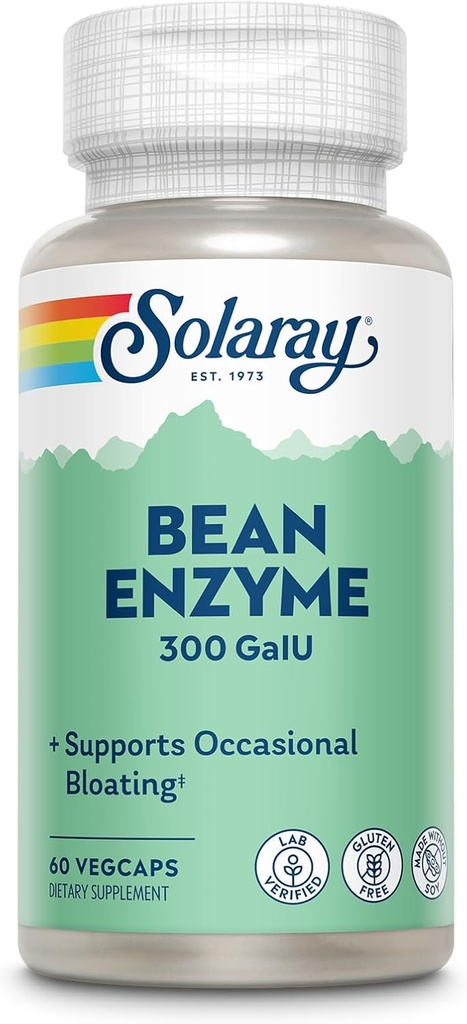 SOLARAY Bean Enzyme 300 GalU - Alfa Galactosidase Digestive Enzymes for Women and Men - Digestive Health Supplement - Supports Occasional Bloating and Gas Relief for Yetişkinler - 60 Hizmet, 60 VegCaps