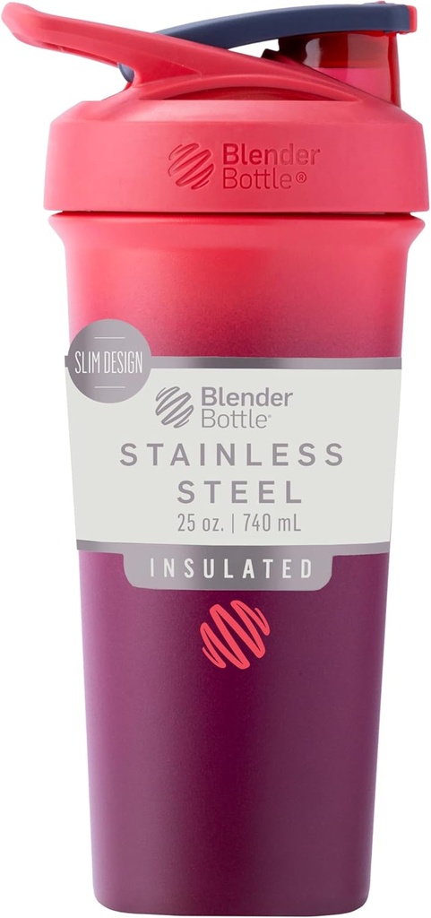 BlenderBottle Sport Sleek, Paslanmaz Çelik Shaker Şişe'yi Wiresk, 25-Ounce, Sangria Ombre – Protein Shakes & Hydration for Athletes & Fitness Enthusiasts, Easy Mix, Slim to Hold, Keeps Drinks Cold, Lockable Lid