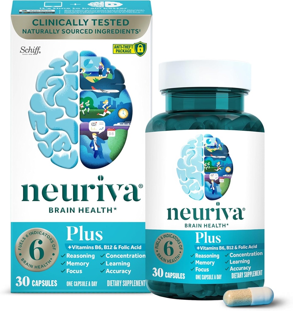 NEURIVA Plus Memory ve Focus Klinik olarak Zihinsel Clarity, Bilişsel Geliş Vitaminleri B6, B12, Phosphatidylserine 30 Capsules