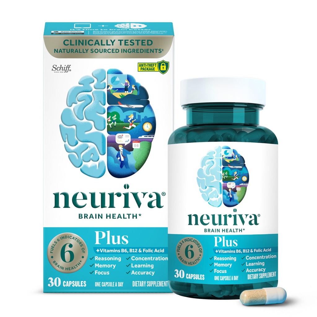 NEURIVA Plus Memory ve Focus Klinik olarak Zihinsel Clarity, Bilişsel Geliş Vitaminleri B6, B12, Phosphatidylserine 30 Capsules