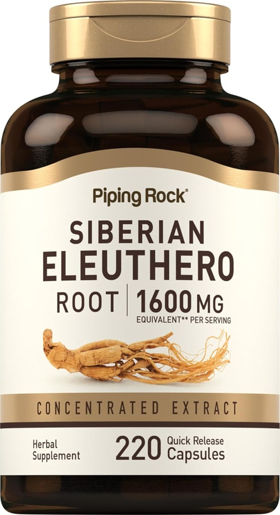 Piping Rock Sibirya Eleuthero Root Capsules 1600 mg | 220 Count | Interd Herbal Extract | Non-GMO, Gluten Free Supplement Supplement Supplement