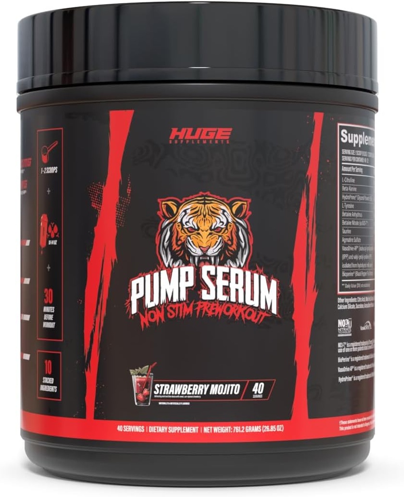Büyük Supplements Pump Serum, Stim Free Pre Workout ve Nitrik Oksit Focus'u geliştirmek için, Pumps, Fulness with No Caffeine, L-Citrulline, GlycerPump, L-Tyrosine, Nitrosigine (Straw Mojito)
