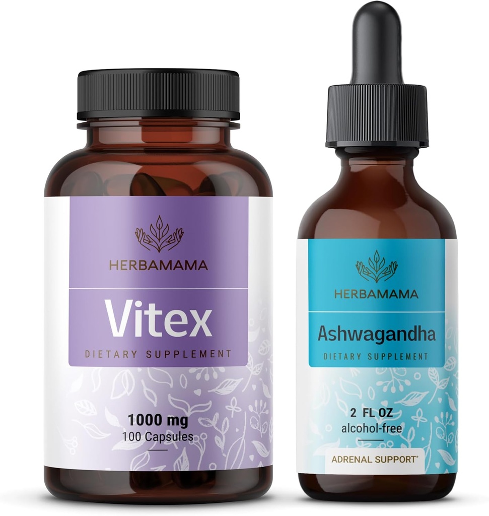 HERBAMAMA Vitex ve Ashwagandha Kit - 1000 mg Vitex Chasteberry Capsules & Ashwagandha Liquid Drops 2 fl oz - Vegan, Non-GMO, Sugar & Alkol-Free - 2 Pack