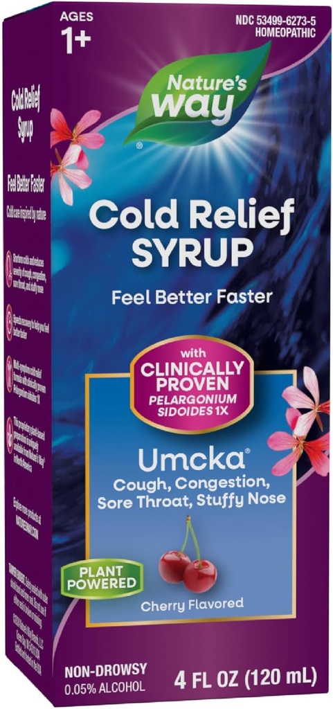 Nature's Way Cold Relief Syrup, Umcka, Shortens Duration & Reduces Severity, Multi-Symptom Cold Relief, Homeopathic, Phenylephrine Free, Non-Drowsy, Cherry Flavored, 4 Fl Oz (Packating Vary)