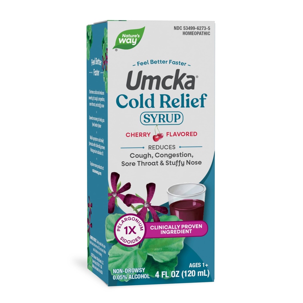 Nature's Way Cold Relief Syrup, Umcka, Shortens Duration & Reduces Severity, Multi-Symptom Cold Relief, Homeopathic, Phenylephrine Free, Non-Drowsy, Cherry Flavored, 4 Fl Oz (Packating Vary)
