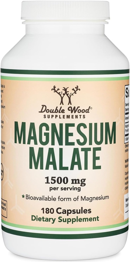 Magnezyum Malate Capsules (180 Count) - 1.500 mg Per Servis (Magnesium Bonded to Malic Acid), Üçüncü Parti Test Edildi, Vegan Dostu, Gluten Free Tarafından Double Wood Supplements