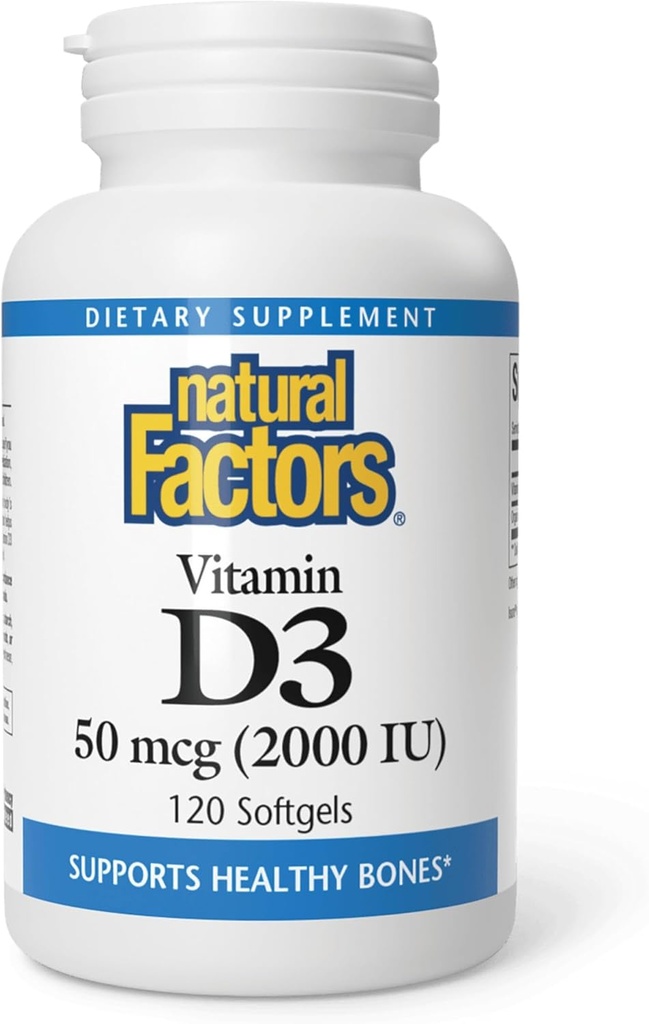 Natural Factors, Vitamin D3 2000 IU (50 mcg), Supports Strong Bones, Muscles and Immune Function, 120 Softgels
